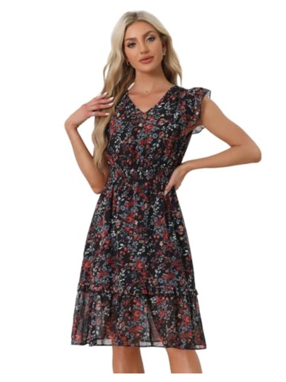Allegra K Women Floral V Neck Ruffle Smocked Knee Length Dress